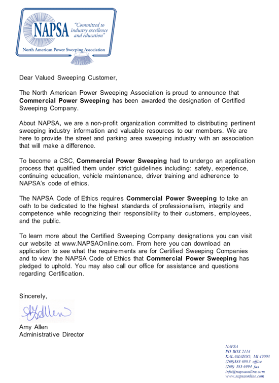 commercial power sweeping is a certified sweeping contractor through contractor letter